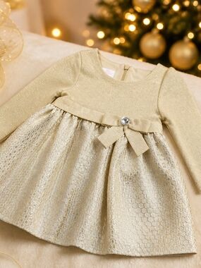 Bonnie Baby Metallic Gold Bow Holiday Dress Sz 12 Months